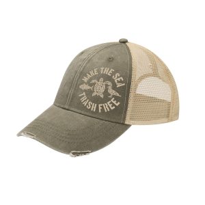 Project3R Olive Green MAKE THE SEA TRASH FREE Distressed Trucker Hat